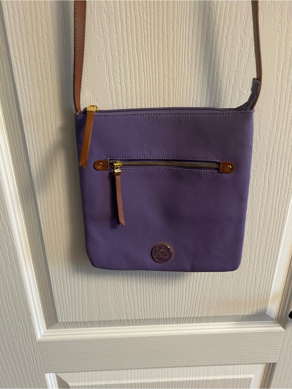 Joy Mangano Purple Crossbody with Tan Strap and Gold Hardware
